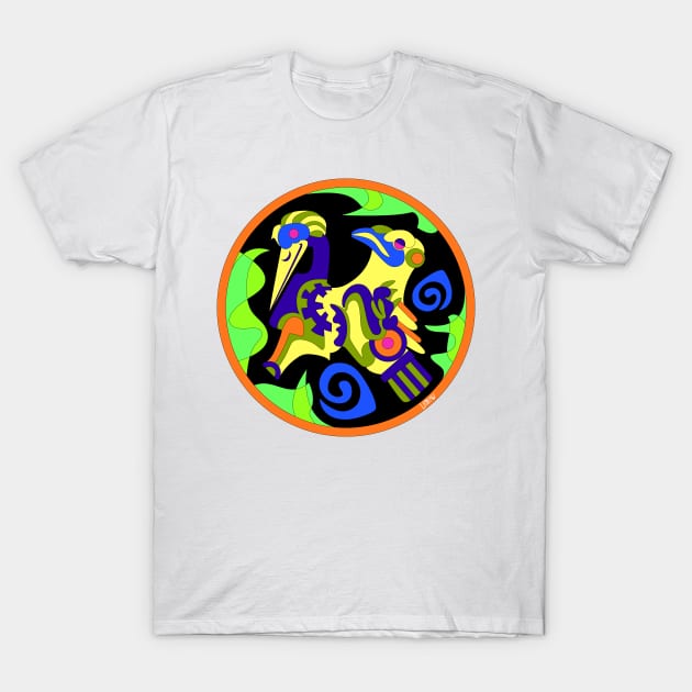 bird in codex glyph glitch ecopop in totonac art T-Shirt by jorge_lebeau